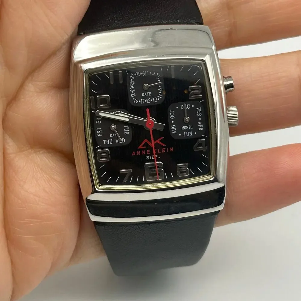 Anne Klein Steel Silver Black Leather Women’s Watch, 29mm Working New Battery